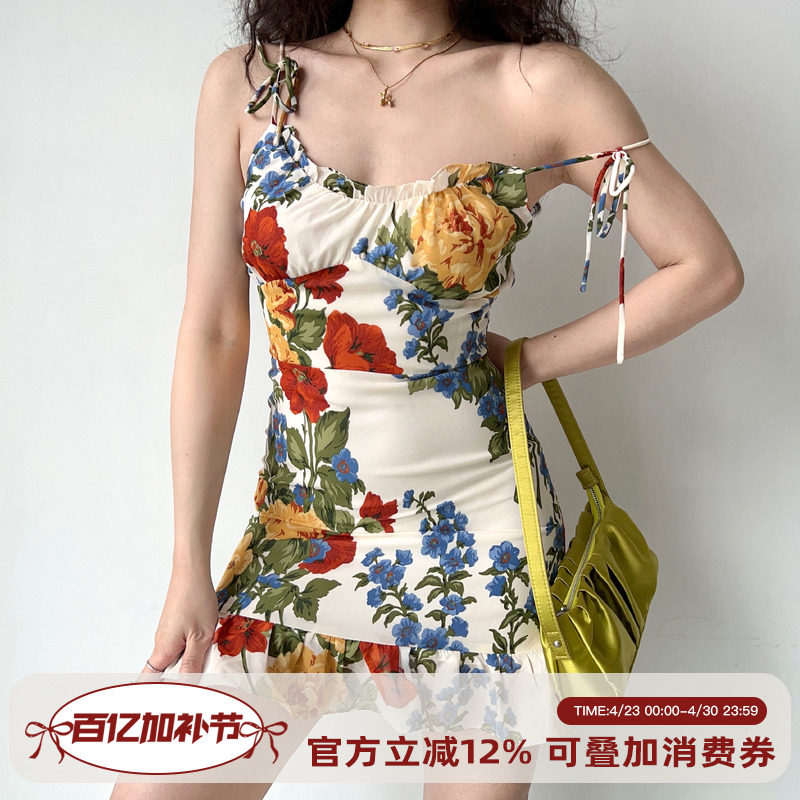 Go Girl Go 欧美风油画印花绑带复古吊带连衣裙女荷叶边短裙a字裙