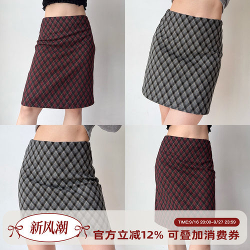 Go Girl Go 自制美式复古高腰格纹毛呢半身裙包臀裙显瘦短裙/中裙