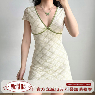 Go Girl Go 自制欧美风性感深V领蕾丝格子短袖连衣裙女夏季