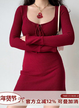 Go Girl Go 自制欧美新年红色绑带U领长袖针织连衣裙辣妹修身短裙