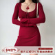 短裙 针织连衣裙辣妹修身 Girl 自制欧美新年红色绑带U领长袖
