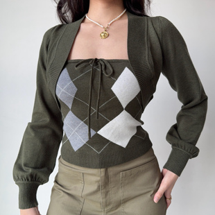 针织开衫 复古菱格抹胸短款 自制美式 两件套女辣妹上衣 Girl
