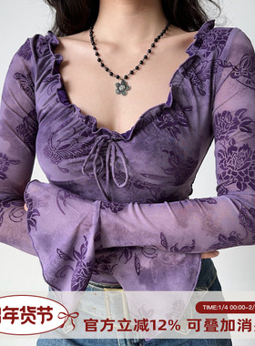 Go Girl Go 自制欧美风木耳边系带植绒T恤女喇叭袖修身紫色上衣