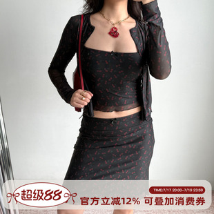 Go Girl Go 自制欧美风复古樱桃吊带开衫半身裙套装女时尚三件套
