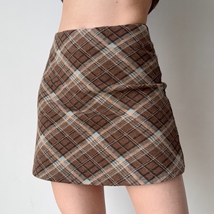 纹半身裙短裙高腰a字裙女秋冬 自制复古欧美风格 Girl