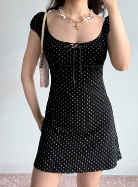 Go Girl Go 自制欧美风黑色波点U领泡泡袖连衣裙女夏季a字短裙