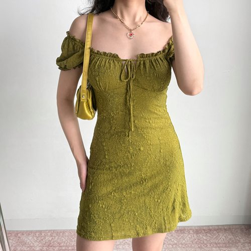 Go Girl Go 自制美式复古绿色提花方领泡泡袖连衣裙修身A字短裙夏