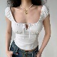 辣妹短袖 自制欧美风胸前镂空系带方领T恤女夏修身 上衣 Girl