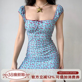 a字收腰短裙 Go自制欧美风甜美樱桃印花方领连衣裙女夏季 Girl