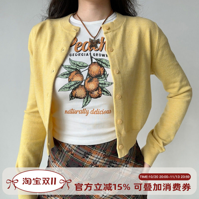 Go Girl Go 欧美复古小圆领纯色简约百搭长袖针织开衫毛衣女