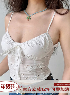 Go Girl Go自制欧美风镂空花朵白色吊带女夏修身性感内搭外穿上衣