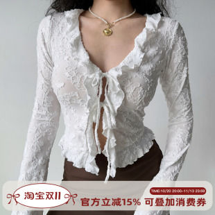 Go Girl Go 自制欧美风v领木耳花边绑带衬衫女修身长袖开衫短上衣