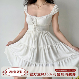 Go Girl Go 自制法式白色连衣裙女夏季无袖裙子收腰绑带大摆a字裙