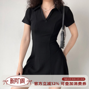 黑色连衣裙女收腰显瘦A字短裙 自制欧美风简约翻领短袖 Girl