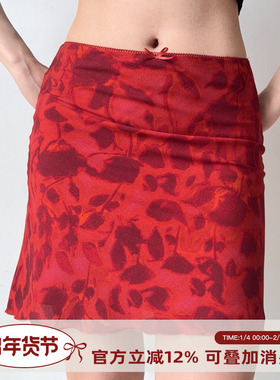 Go Girl Go 自制美式复古红色印花半身裙女夏包臀短裙