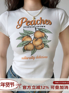 Go Girl Go 自制欧美风桃子印花白色正肩T恤女夏修身高腰短袖上衣