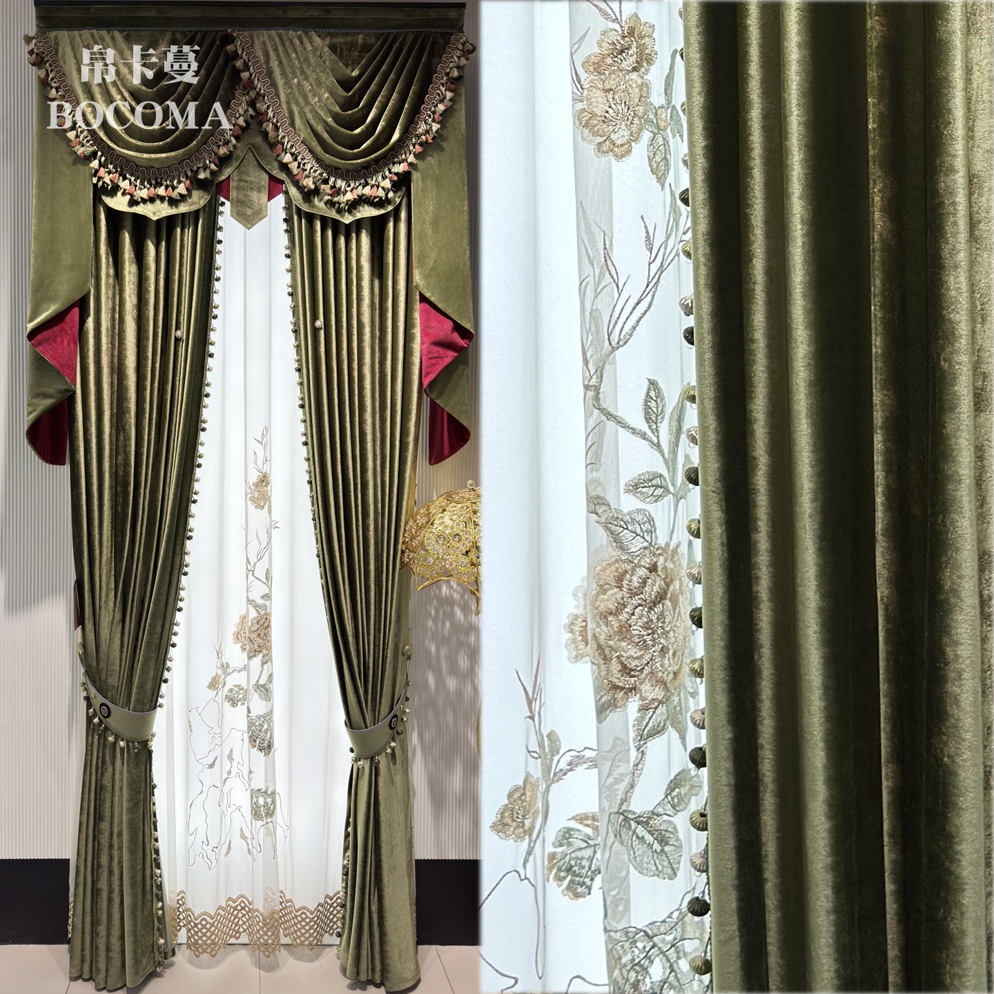 新款高档全遮光烫金绿色绒布客厅卧室窗帘成品定制牡丹纱帘落地帘