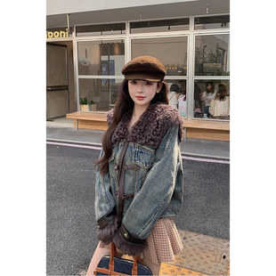 时尚复古牛仔羽绒服女2025冬季新款韩版洋气羊羔毛拼接保暖外套潮