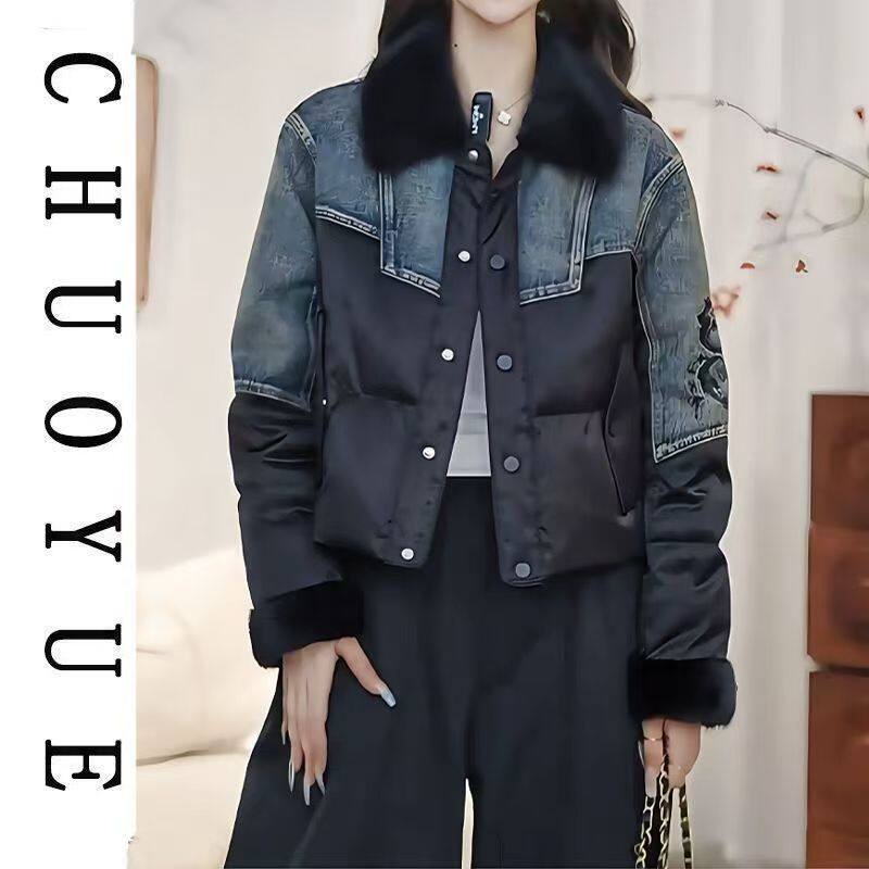 2025秋冬新品上新牛仔复古拼接刺绣羽绒服毛毛领冬季时尚短款外套