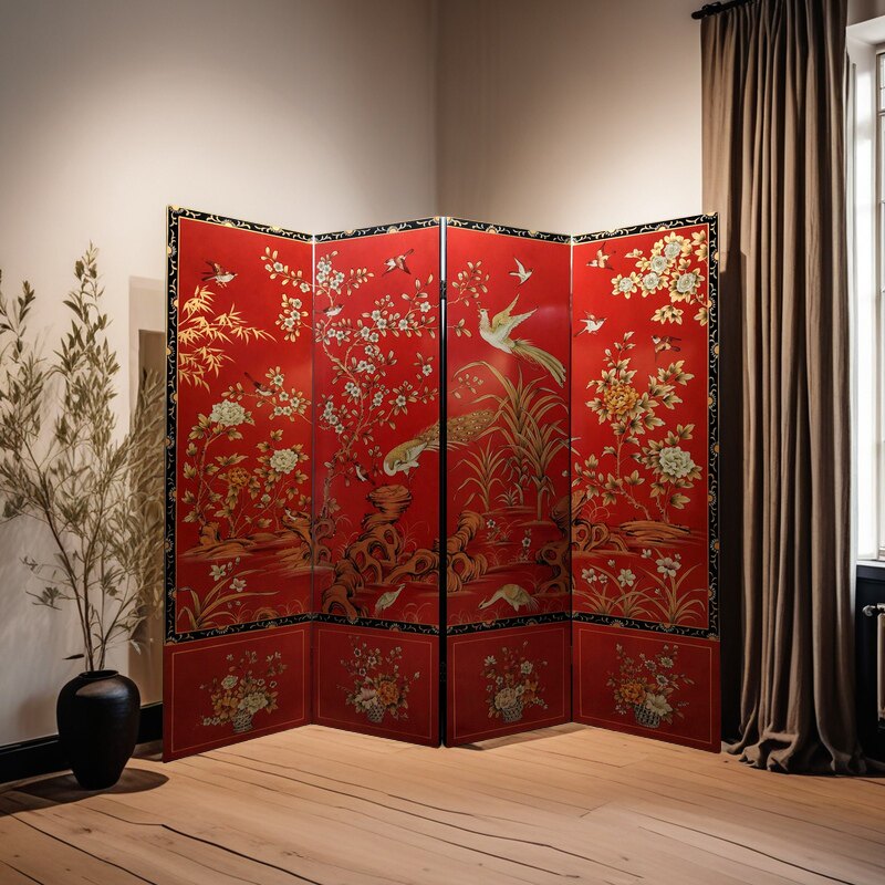高贵红手绘花香鸟语屏风新中式风格客厅沙发背景隔断寓意百花齐放