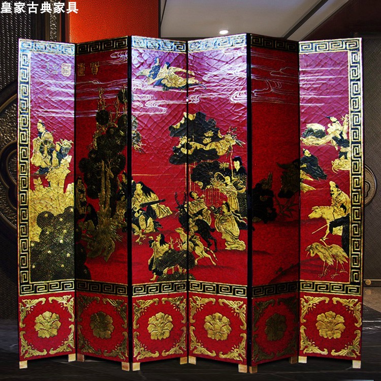 古典立体堆金人物神仙祝寿屏风新中式家具背景隔断装饰画玄关折屏图片