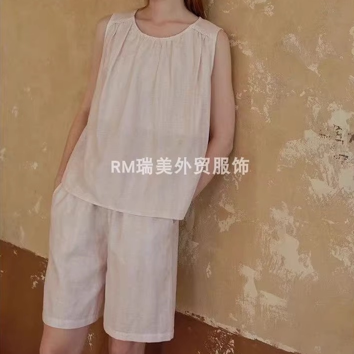 出口单女纯棉纱布柔软浅色条纹无袖背心睡衣长裤可外穿家居服套装
