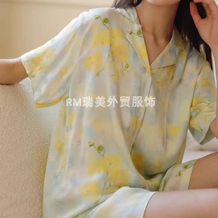 宽松家居服套装 客单夏季 长裤 新款 女士睡衣人棉田园小黄花翻领短袖