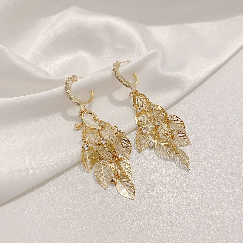 金色树叶流苏耳环2020新款潮日韩气质长款水钻叶子耳饰银针耳钉女