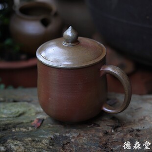 柴烧盖杯 办公室简单带盖泡茶杯水杯全手工云南龙窑粗陶 把手杯子