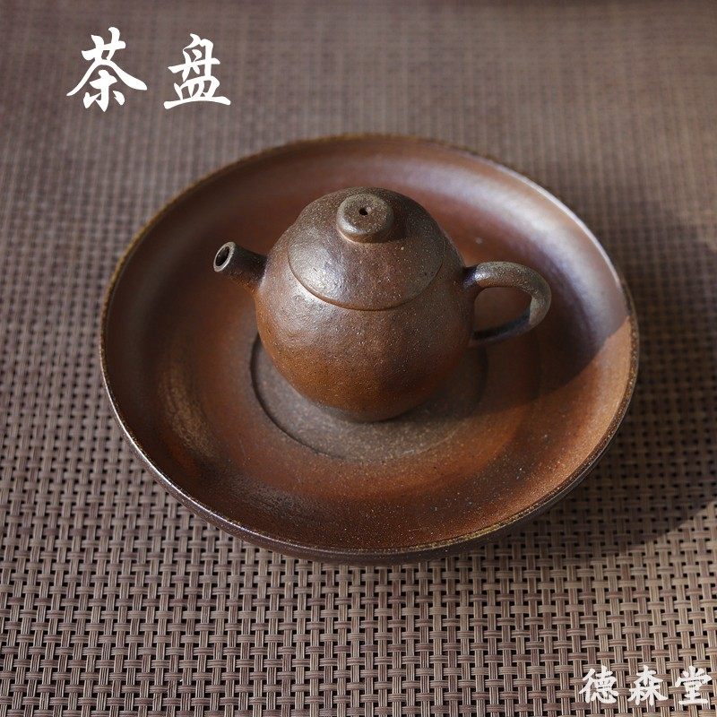 日式干泡茶盘粗陶草木灰釉复古养壶壶承自然落灰 云南龙窑柴烧茶