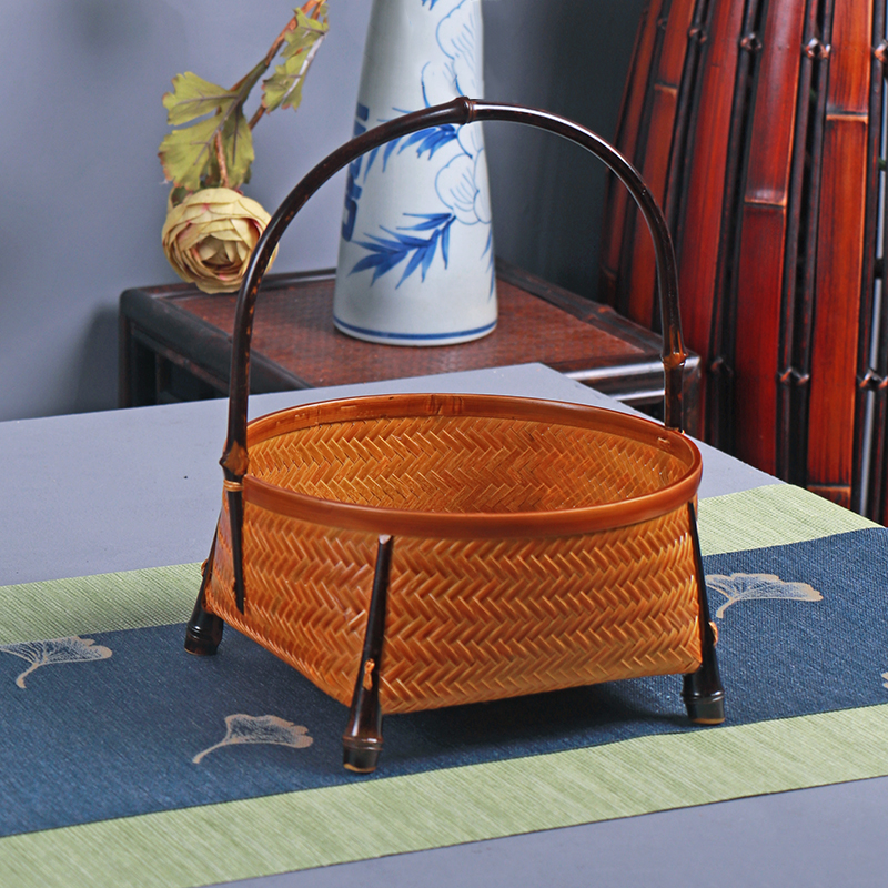 手工竹编果盘手提编织点心篮子