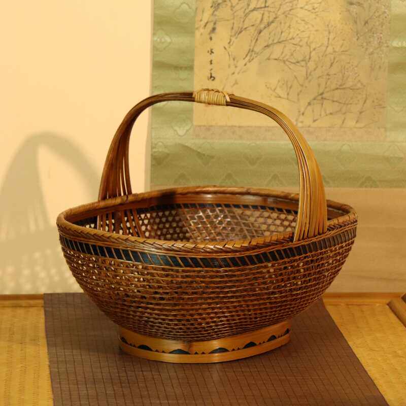 大漆精品手工编织竹编篮子手提篮大号买菜篮子镂空收纳筐竹篮水果