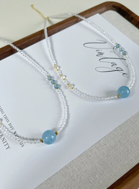 天然海蓝宝项链女款小众轻奢珍珠白水晶项链高级饰品锁骨链