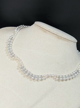天然淡水珍珠项链编织波浪花瓣法式项链鹅颈链锁骨链女高贵典雅