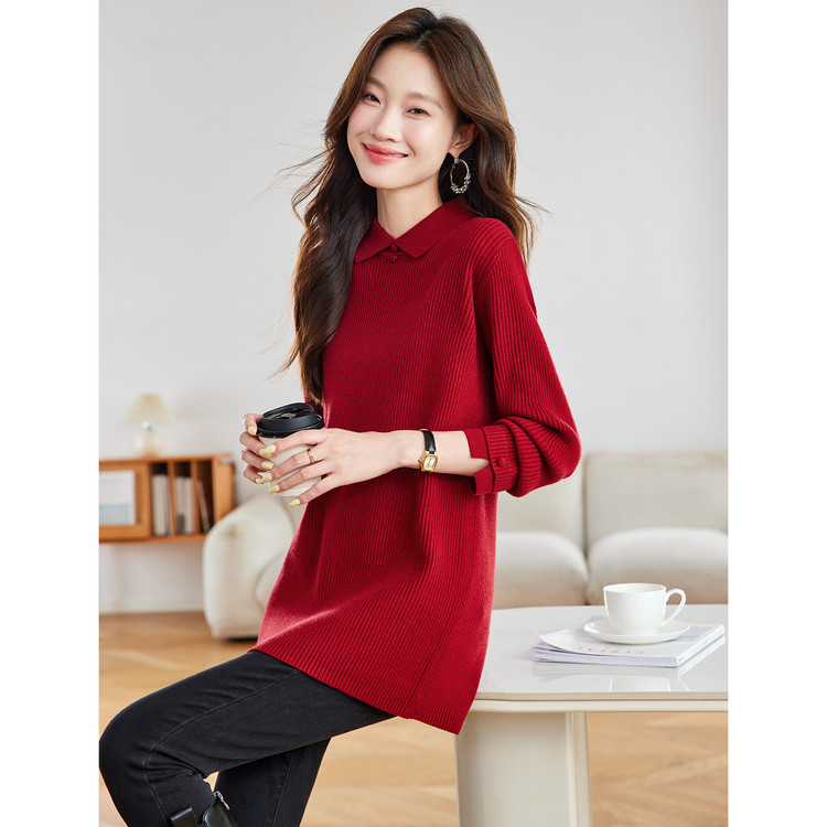 通勤风POLO领中长款套头宽松卫衣/绒衫