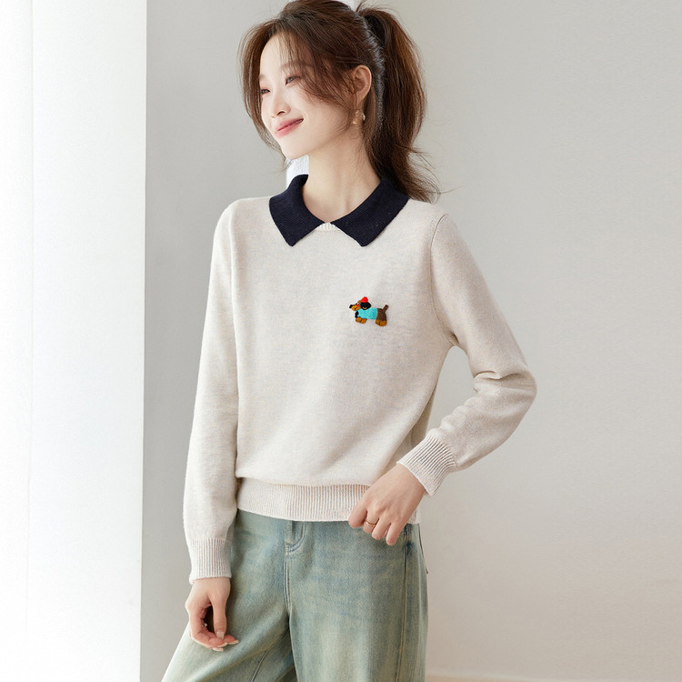 娃娃领花边圆领打底衫女新款洋气羊绒秋冬毛衣长袖针织毛衫