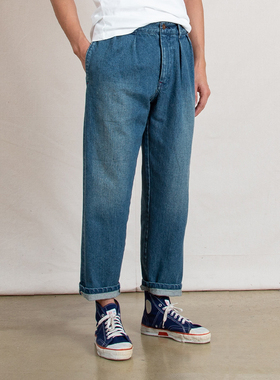 国棉壹厂40S复古洗水牛仔裤男女同款全棉法式褶裥微锥赤耳牛仔裤
