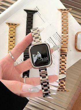 适用苹果手表带iwatchS10新款亮面细三株不锈钢applewatch9876SE2
