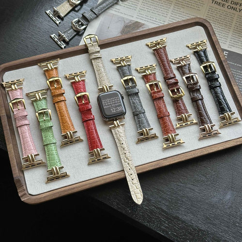 新款小香风双管圆鳄纹真皮手表带