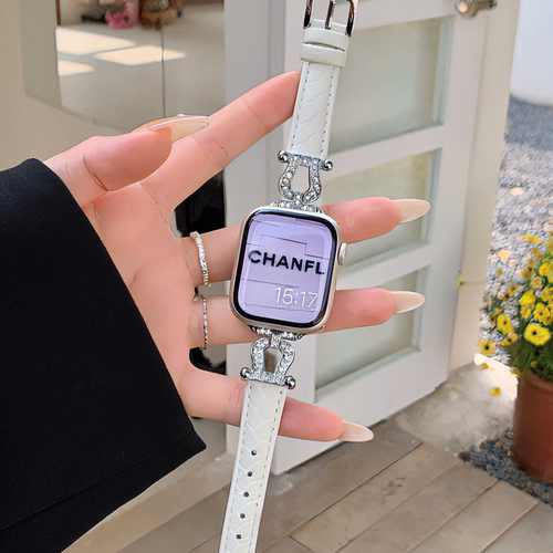 马蹄扣细款牛皮金属镶钻真皮表带