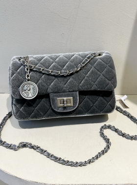 小D家轻奢丝绒菱格链条包高级感单肩斜挎包女2025新款时尚小方包