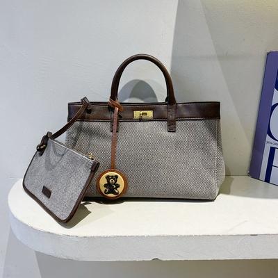 撞色手提托特包通勤锁扣单肩包