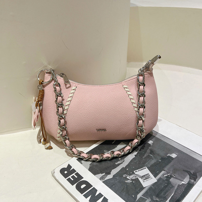 撞色编织链条腋下包牛角包斜挎包