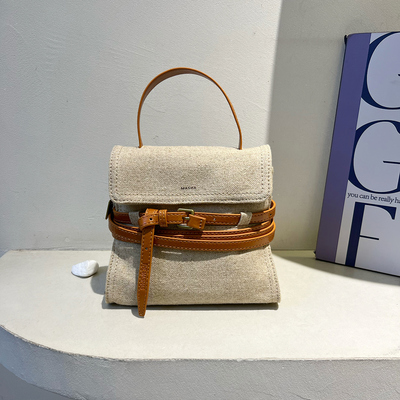 麻料拼皮手提小公文包单肩斜挎包