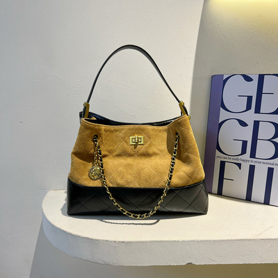 磨砂皮菱格链条托特包单肩斜挎包