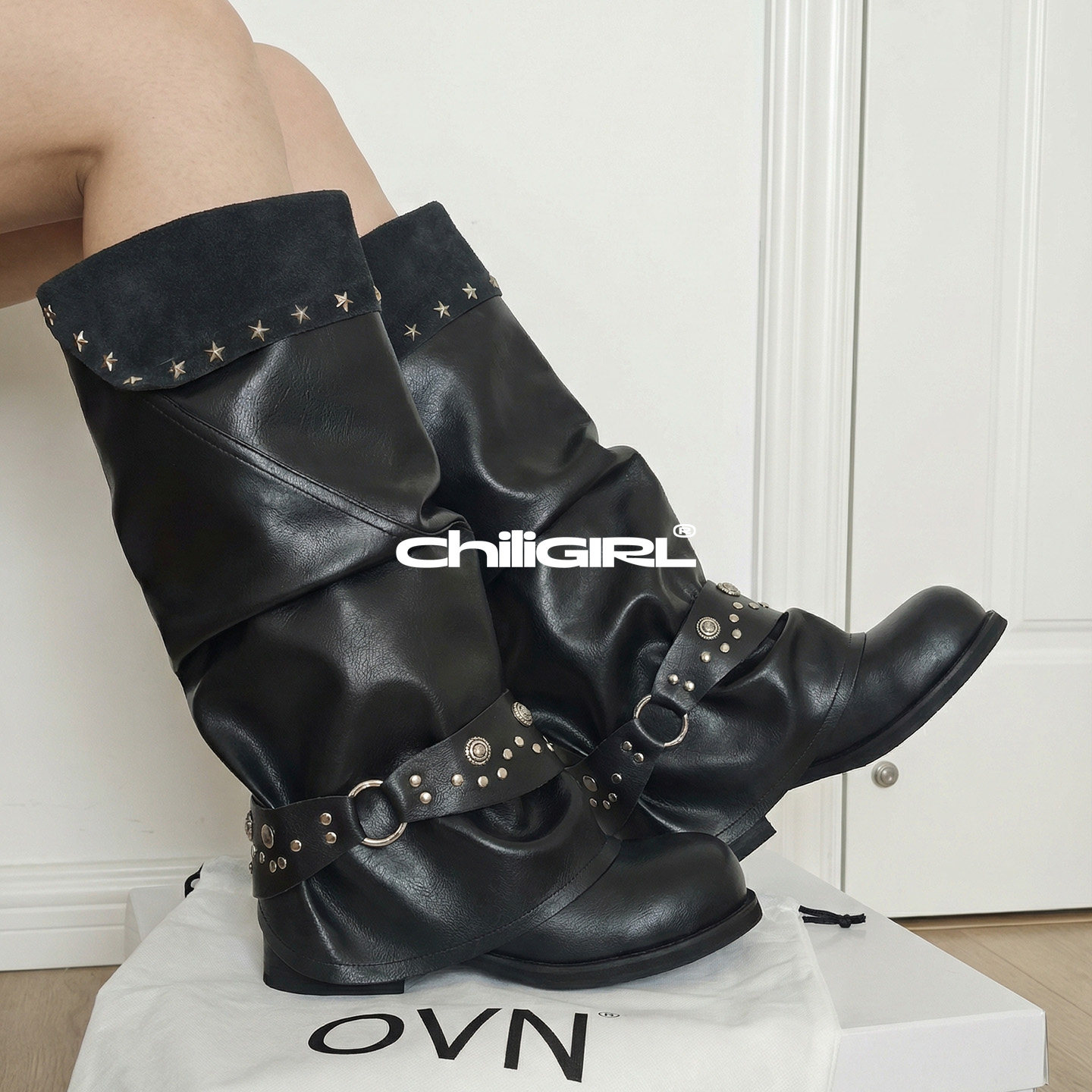 CHILIGIRL铆钉皮带扣长筒骑士靴女冬季黑色粗跟机车靴朋克风圆头,女鞋,骑士靴,淘宝优惠券,粉丝福利购,淘宝优惠卷