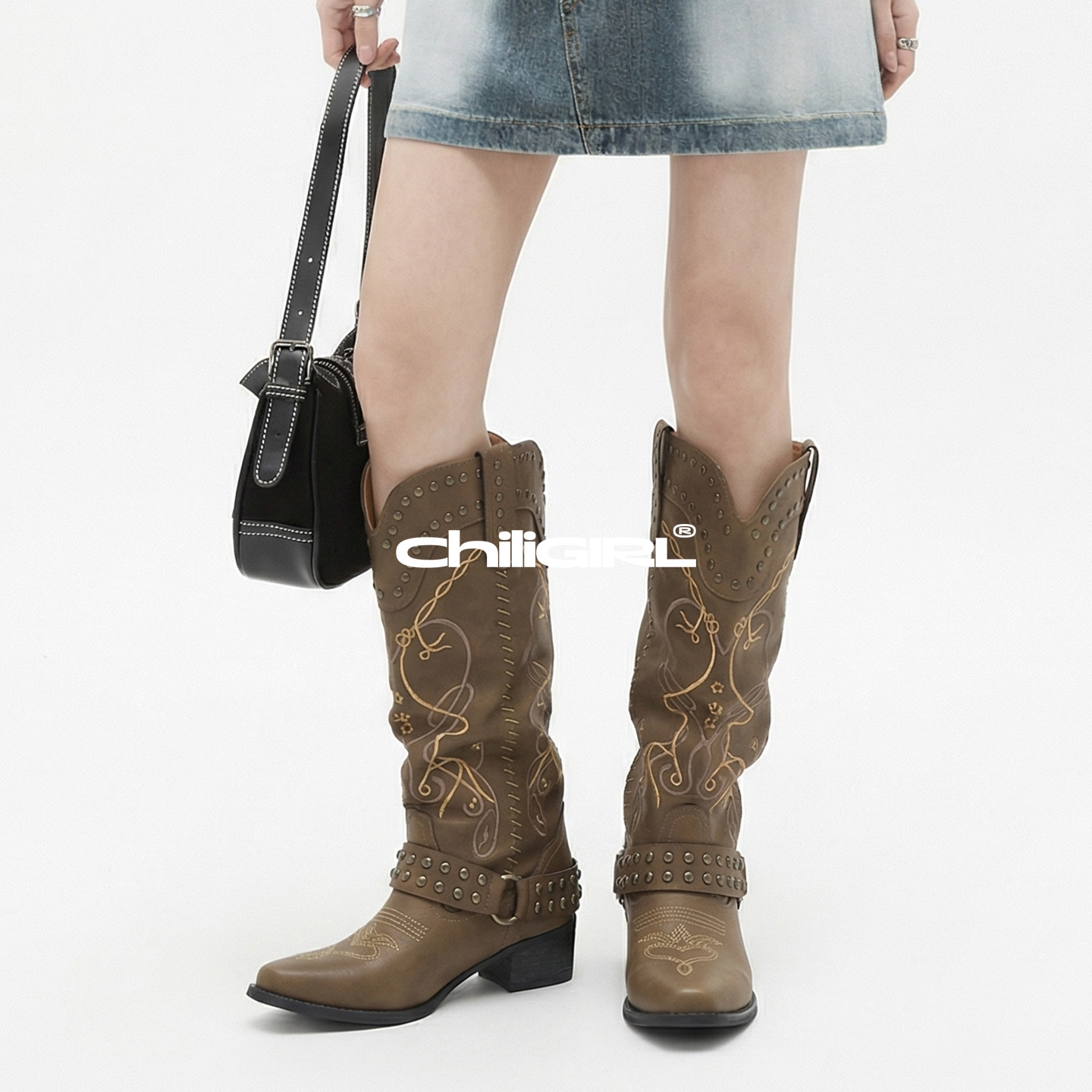 CHILIGIRL刺绣骑士靴尖头女靴