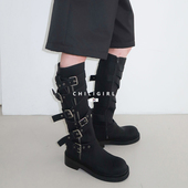 CHILIGIRL东大门甜酷帅气皮带扣绑带侧拉链废土风西部骑士靴女靴