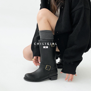 CHILIGIRL韩国东大门皮带扣中筒靴百搭套筒方跟圆头黑色机车靴女