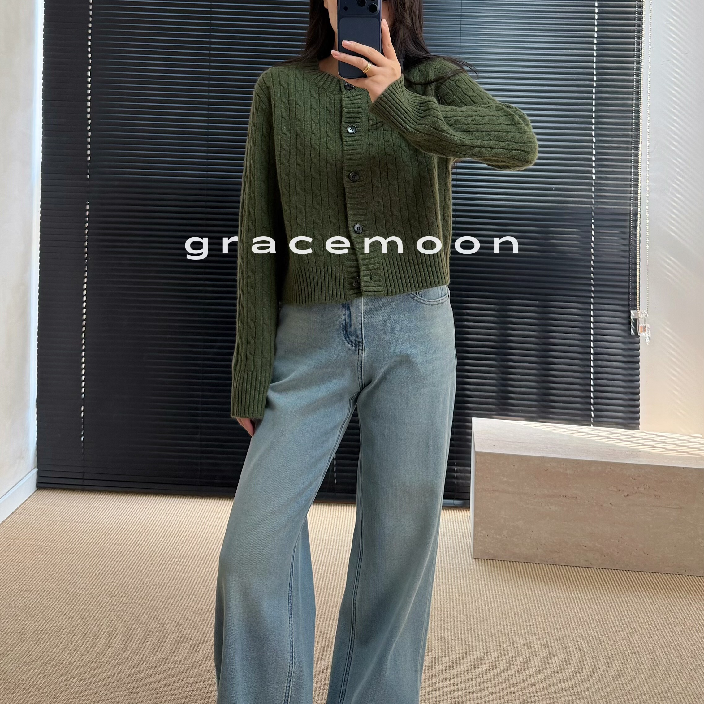 100%山羊绒加密织橄榄绿短款开衫